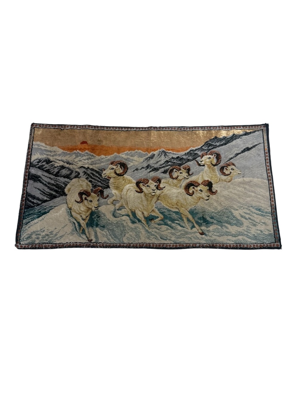 Vintage Big Horn Sheep Ram Mountain Scene Tapestry Wall Hanging Cabin Lodge